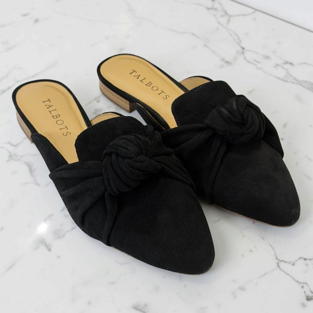 Talbots Edison Knot Mules Black Suede Pointed Toe Slip On Memory Foam Sz 6M NWT